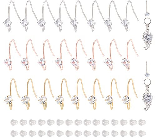 BENECREAT 24 Stück 3 Farben Messing Strass-Ohrringhaken, Messing-Ohrdraht-Angelhaken Mit Schlaufe Für Die DIY-Schmuckherstellung, Bohrung: 2 mm