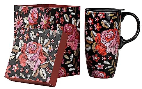 Topadorn Keramik-Kaffeetasse, Reisebecher, Geschenk mit Deckel, 500 ml, Porzellan, hohe Teetasse mit Griff für Zuhause und Büro, Rosenblumenkunst-Muster, Tasse in Geschenkbox, 16,5 cm H