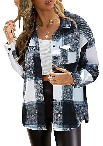 Zeagoo Veste Chemise Femme Mélange de Laine Épais Chemise à Carreaux Femme Bouton Down Chemise Manches Longues Chemise Loose Casual Bleu L