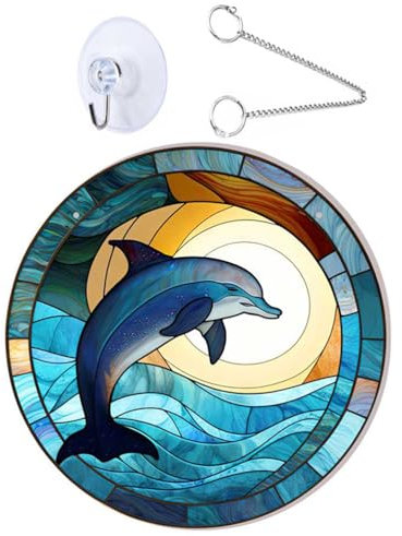 IMIKEYA 1 Set Dolphin Jumping Moon Window Hanging Round Acrylic Stained Glass Hand Painted Wall Art Panel Decoration For Home Porch Door Office Bedroom