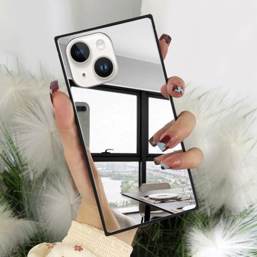VAOXTY Compatible with iPhone 15 Case Square Mirror Case Cute for Women Girls Makeup Glass Mirror Back Design Fashion Luxury Slim Thin Protective Cover Phone Case