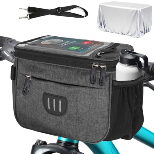 MATTISAM Bike Handlebar Bag with Rain Cover, Shoulder Strap, Bike Basket Front with Phone Holder 6.8, Road Mountain Bicycle Pouch for Kids Men Women
