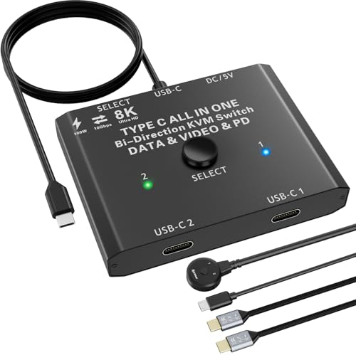 USB C KVM Switch 2 Port, 8K@60Hz KVM Switch 2 PC 1 Monitor 4K@120Hz Bi-Directional Switch 2 Laptops, USB C Switch 2 in 1 out, 10Gbps / USB 3.1 Gen 2 / 100W Charging/Wired Remote + 2 USB C-C Cables