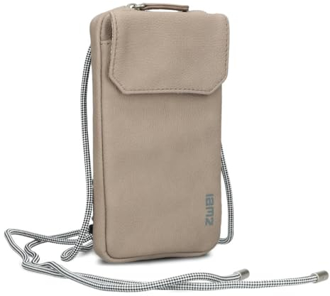 Zwei Handytasche zum Umhängen Mademoiselle.M MP30 Smartphone-Etui & Geldbörse 2-in-1, umlaufender Reißverschluss, längenverstellbarer Riemen, Mini-Handtasche 19 x 10 x 3 cm (Nubuk-Cappuccino)