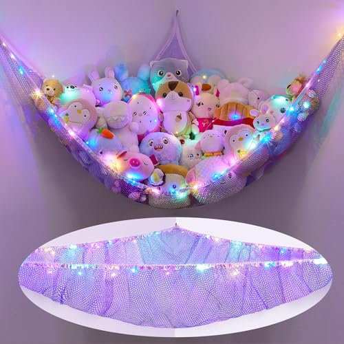 MHJY Toy Hammock for Stuffed Animals Soft Toy Storage Net with LED Light, Cuddly Toys Organizer Holder Large Corner Hanging Net Plush Macrame Kids Bedroom Nursery Furniture Room Decor
