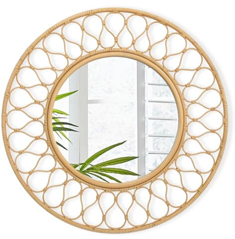Runder Rattan Wandspiegel - 76CM Holz Spiegel für Make-Up, Badezimmer, Waschtisch, Wohnzimmer, Schlafzimmer, Eingang
