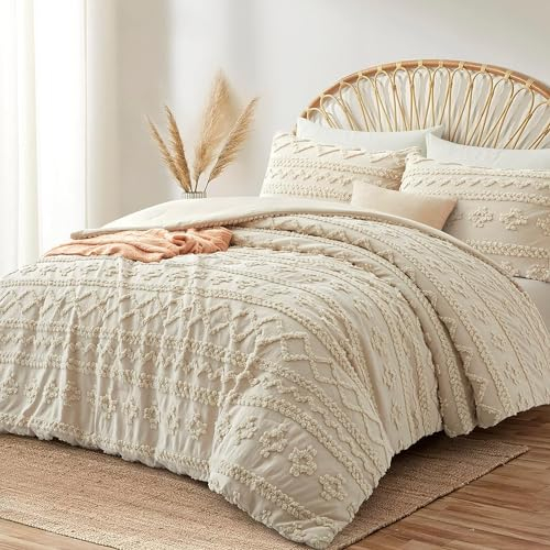 Lanqinglv Beige Bettwäsche 220x240 cm Boho Getuftet Exquisite Stickerei Geometrisch Shabby Chic Vintage Doppelbett Bettbezug mit Reißverschluss und 2 Kissenbezüge 80x80cm