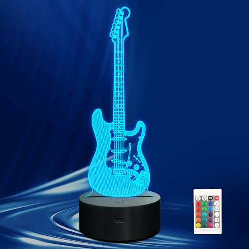 CoolGift Mart Elektrische Gitarre Nachtlicht, 3D LED Optische Illusion Lampe mit Fernbedienung und Timer, Geschenke für Gitarrenspieler Gitarristen Musikliebhaber
