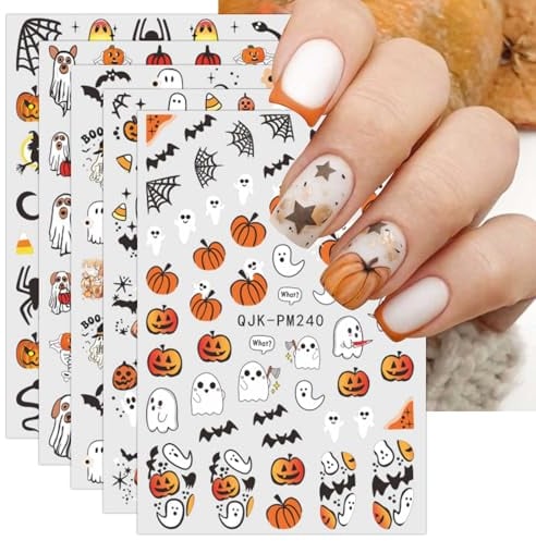 Halloween Nail Stickers, 12 Sheets Self-Adhesive Nail Decal Cobweb Ghosts Pumpkin Nail Art Decoration Design Supplies