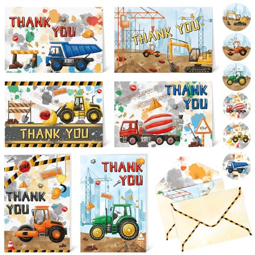 WERNNSAI Dankeskarten für Bauarbeiten – 24 Stück Bau Partyzubehör Grußkarten mit Muldenkipper und Umschlägen Aufkleber Dankeskarten für Jungen Kindergeburtstage Technisches Fahrzeug danke dir Karte