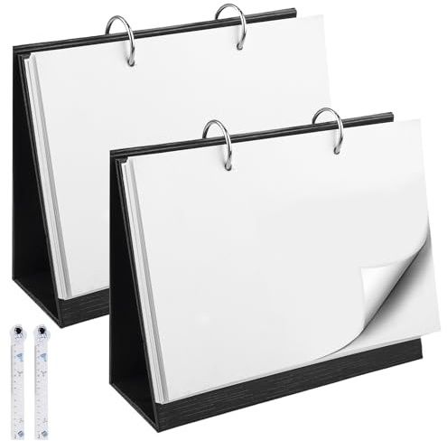2 Stück DIY Blanko Tischkalender, Ringbuch Kalender, Herausnehmbar Wochenkalender, Vertikaler Schreibtisch Kalender mit 2 Cartoon-Linealen, Tischkalender Ohne Datum für Zuhause Büro (Schwarz)