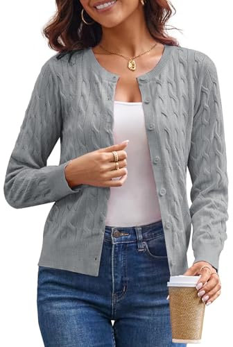 GRACE KARIN Women's Long Sleeve Button Up Cable Knit Cardigan Lightweight 2025 Crewneck Button Down Sweaters for Women, Heather Grey, M
