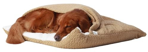 Hundeschlafsack mit Dach, Beruhigende Hundebett Hundehöhle, Winter Warm Plüsch Höhle mit Kapuze, Katzenbett mit Abnehmbaren Deckel, Hundesofa für Kleine und Mittelgroße Hunde(Beige,75x60x23cm)