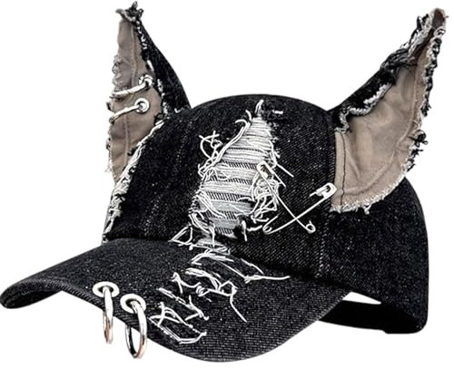 Cat Ohrhut Black Ripped Hut Punk Grunge Ästhetische Baseballkappe mit Metal Hoop Sun Protection One Size Pass