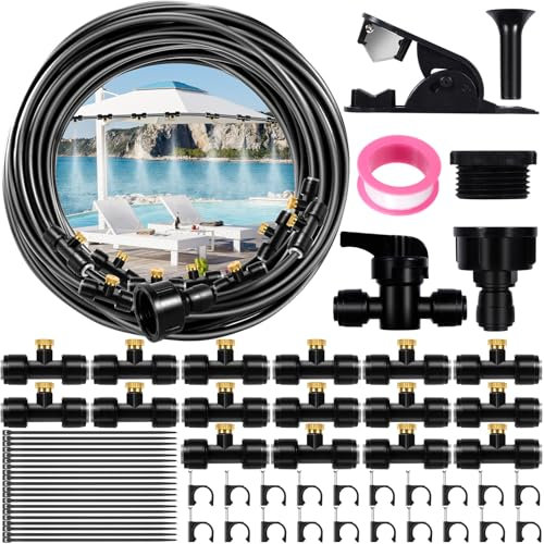 Purpledi Sistema di raffreddamento a nebulizzazione, 78 pezzi, sistema di raffreddamento a nebbia per esterni, con tubo da 15 m e 16 ugelli in metallo, adatto per esterni, per terrazze, giardino (A)