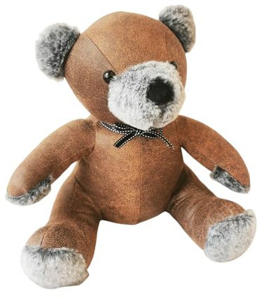Antique and Sophisticated Cute 32CM Teddy Bear Door Stop - Soft Fabric Design with Brown Leather Door Bumper & Stylish Home Decoration for Any Room, Office and Home (Antique Brown/Grey)