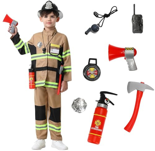 maxToonrain Kids Fireman Costume Set Boys and Girls Fire Fighter Costume with Firefighter Toy Accessories for Halloween Christmas World Book Day Children's Day