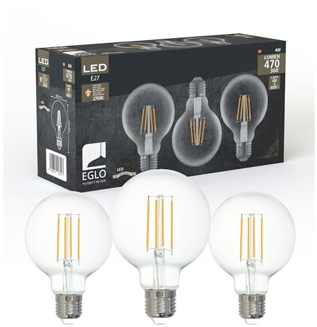 EGLO 3er Set LED Filament Lampen mit E27 Fassung, Edison Vintage Glühbirnen klar, je 4 Watt, Globe Leuchtmittel warmweiß, 2700 K, 470 Lumen, Retro Glühlampe G80, Ø 8 cm