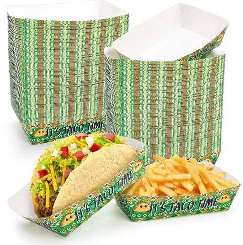 YOUEON 120 Pcs Mexican Paper Food Trays, 2 Lbs Nacho Trays Disposable Green Food Boats, Taco Boats, Candy Chips Hot Dog Snack Tray for Cinco De Mayo, Mexican Party Supplies