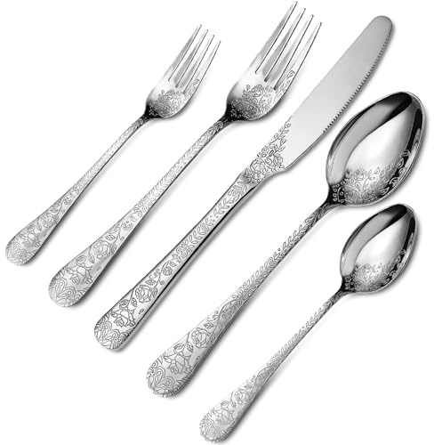 20-Piece Silver Floral Print Cutlery Set - Gift Boxed Knife and Fork Set for 4 People