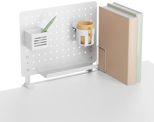 HOKO TINO Memo Lochwand, Organizerwand für Kinderschreibtisch. Mit verstellbarer Buchstütze, Becherhalter, Stiftehalter und Utensilien-Regal. Lochbrett Stecktafel Set weiß