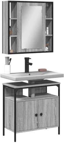 Qnhdfrt Set di mobili da bagno grigio Sonoma in legno con armadietto a specchio e mobiletto lavandino, larghezza 60 cm, pratico spazio per il vostro bagno
