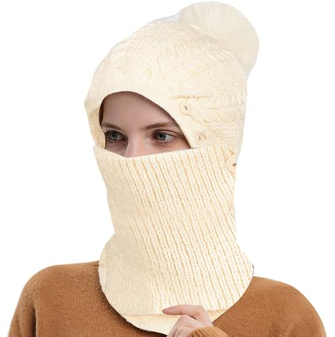 Comioke Wintermützen für Damen, Flexible Strickmütze mit Haarball, Winter Strickmütze