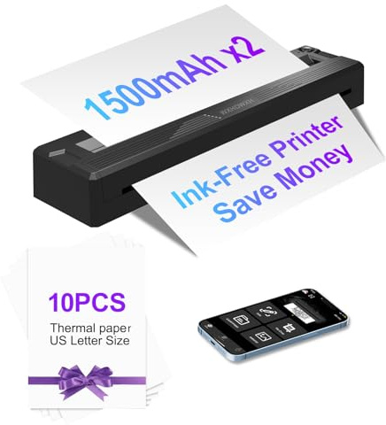 Imprimantes portables sans fil pour voyage, 300 DPI thermique Bluetooth sans encre - Mini imprimante compatible avec Android, iOS et ordinateur portable, prend en charge les lettres américaines de