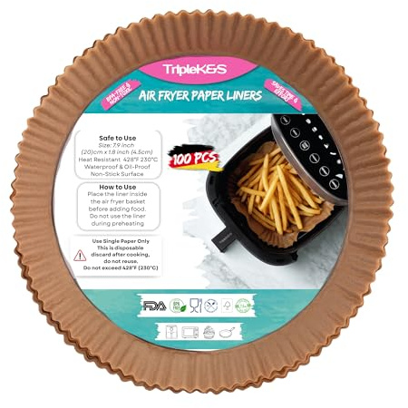 TRIPLE K&S Airfryer Baking Paper for Hot Air Fryer 100 Pieces XL 4-6.5L Round Non-Stick Parchment Paper, Air Fryer (100 Pieces Round 20 cm)