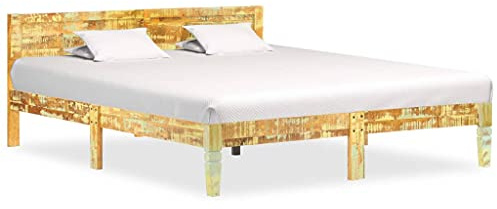 QZZCED Bettgestell aus recyceltem Massivholz, Vintage, 180 x 200 cm, Basis mit Stahlrohren für Stabilität, aus gewonnenen Balken und Holz wie Teak und Griff, ideal