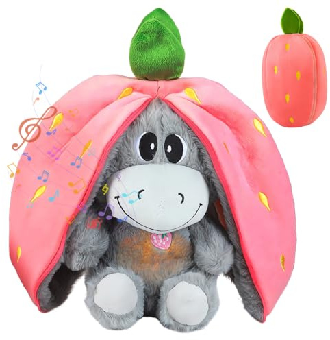 Gobesty Atmendes Kuscheltier, Esel Kuscheltier mit Atembewegung und Musik, Weiches Schlafender Plüsch Esel mit Warmem Licht, Schlummer Kuscheltiers für Neugeborene und Junge Mütter (Erdbeere)