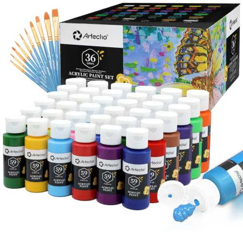 Artecho Acrylfarben Set 36 x 59ml mit 10-teiligem Pinsel, Acrylfarben Wasserfest und Lichtecht, Ungiftig, Acrylic Paint Set, Ideal für Leinwand, Papier und Stoffe, Geeignet für Anfänger und Profis