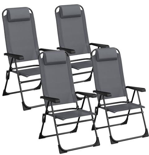 LIFERUN 4er Set Gartenstühle, Klappstühle, Campingstühle mit Kopfstütze, mit 5 verstellbaren Rückenlehnen, Balkonstühle Hochlehne, Outdoor-Stühle für Garten, Terrasse, Camping, Grau, 4 PCS