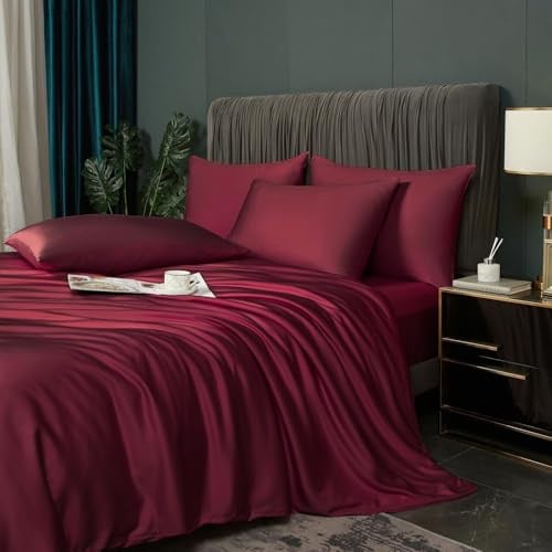 Luofanfei Kühlende Bambus Bettwäsche 135x200 Sommer Rot Weinrot | Uni Bambusfasern Lyocell Glänzend Bettwäscheset Atmungsaktiv Bamboo Muster Bettbezüge und Kissenbezug 80x80 cm Bügelfrei