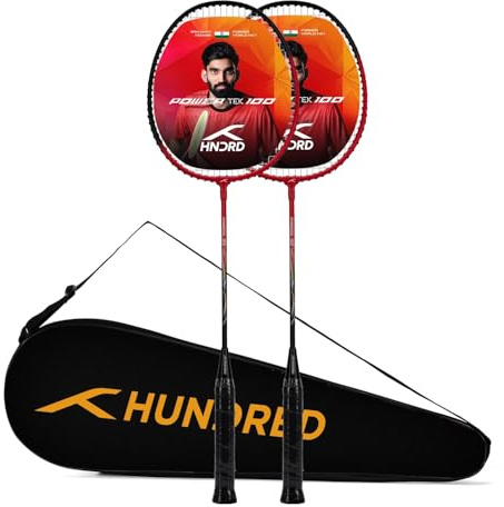 Hundred POWERTEK 100 (Set of 4) Badminton Racket with 2 Full Cover | Red/Black