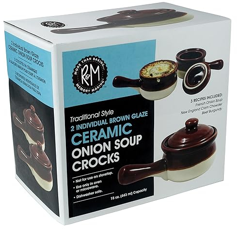 R&M International Traditional Style Ceramic 15-Ounce French Onion Soup Crocks, Polished, Set of 2