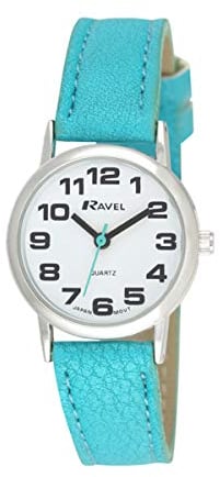 Ravel - Damen (klein) - Armbanduhr mit großen Ziffern - Hellblau/silbernes Ton/weißes Zifferblatt