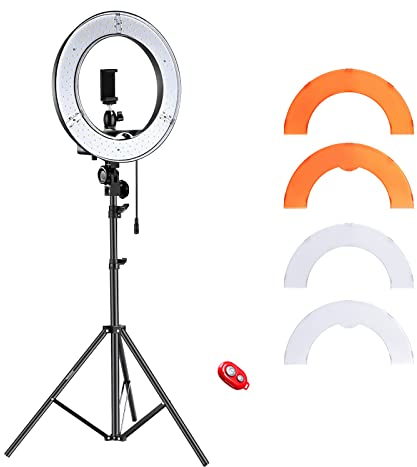 Neewer RL-12 LED Ringlicht 14 außen/12 in der Mitte mit Lichtständer, Farbfilter, Handyhalterung für Makeup, YouTube, TikTok, Kamera/Handy Videoaufnahmen