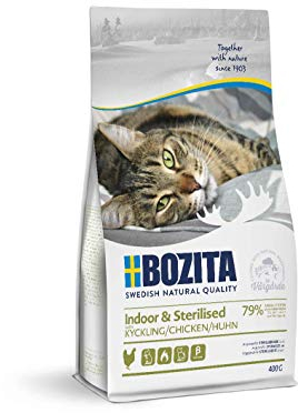 Bozita Indoor & Sterilised Katzentrockenfutter mit Huhn – 400g – weizenhaltiges Katzenfutter für sterilisierte Wohnungskatzen – 32 % Protein, 14 % Fett – zuckerfrei, gentechnikfrei, Alleinfuttermittel
