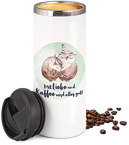 GRAZDesign Thermobecher Kaffeebecher Spruch mit Eulen, Coffee to go Becher, Geschenk für Mama, Freundin, Kollegin, 450 ml Travel Mug Weiß