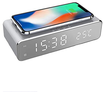 E-JUN LED Alarm Clock Time Temperature Display Wireless Charger Charging Pad Dock, Qi-Certified for iPhone 11, 11 Pro Max, XR, Xs Max, XS, X, 8, 8 Plus, 10W Charging Galaxy S10 S9 S8, Note 10 Note 9