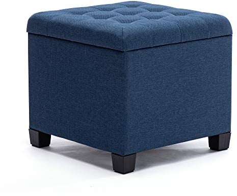 HNNHOME Pouffe Footstool Ottoman Storage Box, 45cm Cube Strong Wooden Frame Linen Living Room Foot stool, Toy Chest, Dressing Stool Seat Chair with Lids for Bedroom (Navy)