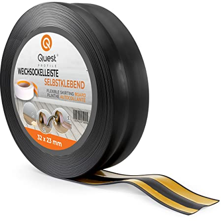 Quest Battiscopa Morbido Adesivo - 32 mm x 23 mm - Listello in PVC, Finitura Flessibile, Profilo Angolare per Cucina, Bagno, Parete, Pavimento - Decorativo (Nero, 10m)