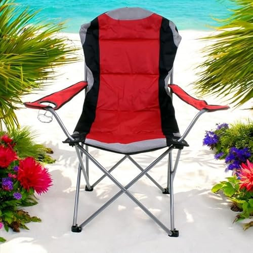 Faboer High Back Folding Camping Chair, Luxury Padded Seat, Heavy Duty Tubular Steel, Cup Holder Armrest, Lightweight Portable, Outdoor Garden, Carry Bag - Red