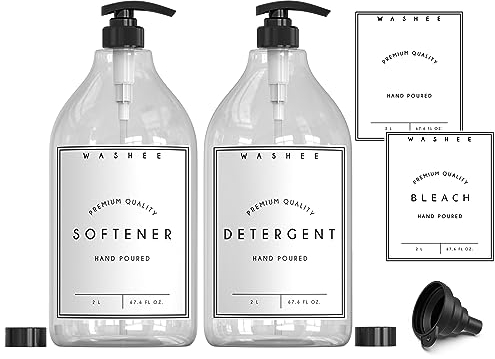 WASHEE Laundry Soap Dispenser Set - Large Detergent & Fabric Softener (67.6 oz) PET Plastic Liquid Dispensers Organization Pumps, Caps, Labels, 2 Count (Pack of 1)