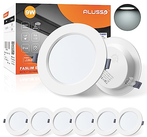 ALUSSO® LED Einbaustrahler 230V Ultra Flach 9W 720LM LED Spots Badezimmer, 6500K Kaltweiß Deckenspots IP44 Einbauleuchten für Wohnzimmer Küche, Durchmesser 145MM, Lochmaß 120-130MM, 6er Set