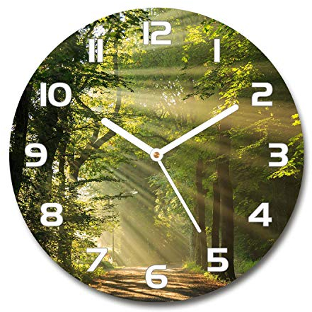 Tulup Glasuhr ⌀ 30cm - weißen Zeigern - Wanduhr Wandkunst Bild Gehärtetem Glas Uhr Echtglas Küche Wohnzimmer - Wald in der Sonne