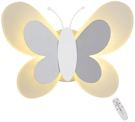 OOWOKS Modern Wandleuchte in Weiß Dimmbar 15W LED Wandlampe Innen mit Fernbedienung Nachttischlampe Wandmontage Kinder Nachtlicht Schmetterlinglampe Deko Wandspot Kinderzimmerlampe für Jungen Mädchen