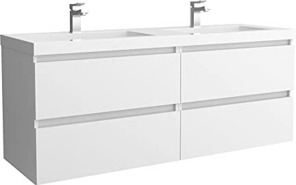 Salgar Mueble de baño Bequia 140 cm 100% montado de fábrica Acabado Mate suspendido 4 cajones Cierre amortiguado Apertura con uñero Lavabo 2 pozas Porcelana Blanco Mate