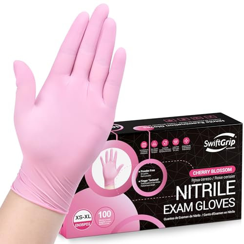 SwiftGrip Pink Nitrile Disposable Gloves, Medical Exam Rubber Gloves Latex Free & Powder-Free for Cleaning, Esthetician, Food Prep, Hair Dyeing (Box of 100, Medium)